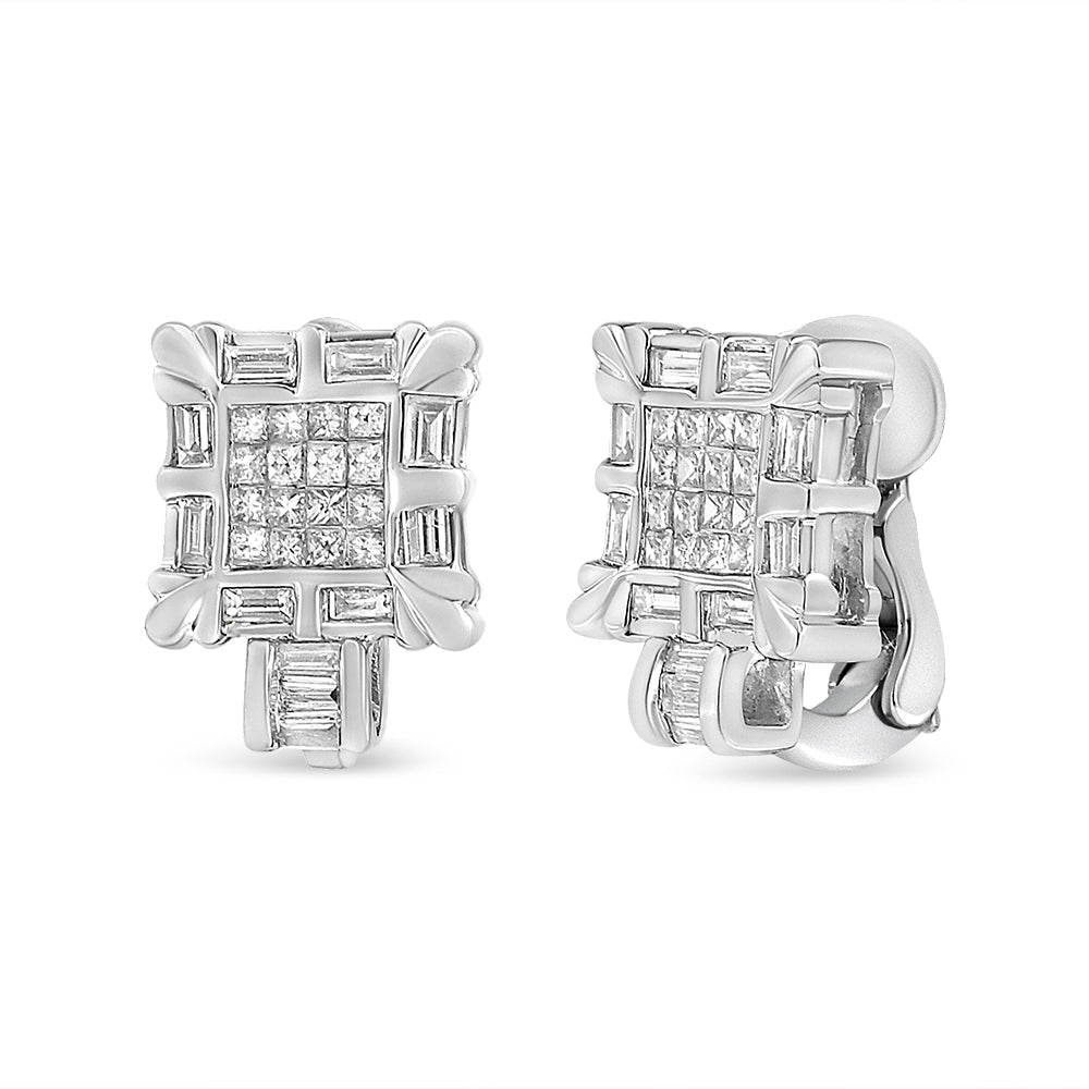 14K White Gold 1.0 Cttw Princess And Baguette-Cut Diamond Square Framed Huggie Hoop Omega Earrings (H-I Color, Si1-Si2 Clarity) - Tuesday Morning-Hoop Earrings