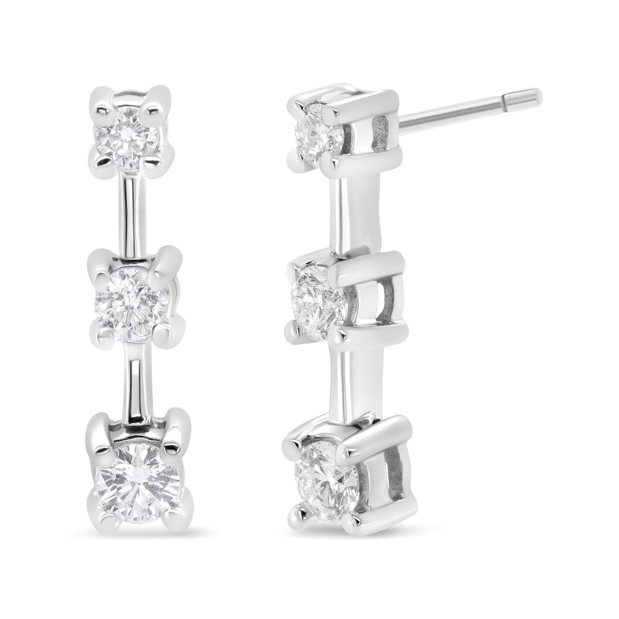 14K White Gold 1/4 Cttw Round Diamond 3 Stone Graduated Linear Drop Past, Present And Future Stud Earrings (H-I Color, Si1-Si2 Clarity) - Tuesday Morning-Stud Earrings