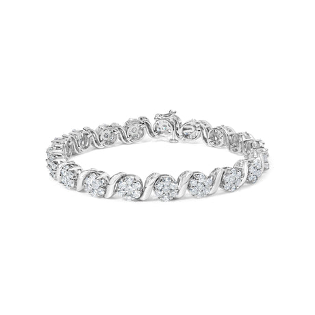 14K White Gold 7 3/8 Cttw Round Brilliant Diamond Floral Cluster and S Link Bracelet (H-I Color, SI2-I1 Clarity) - 7" Inches - Tuesday Morning-Bracelets
