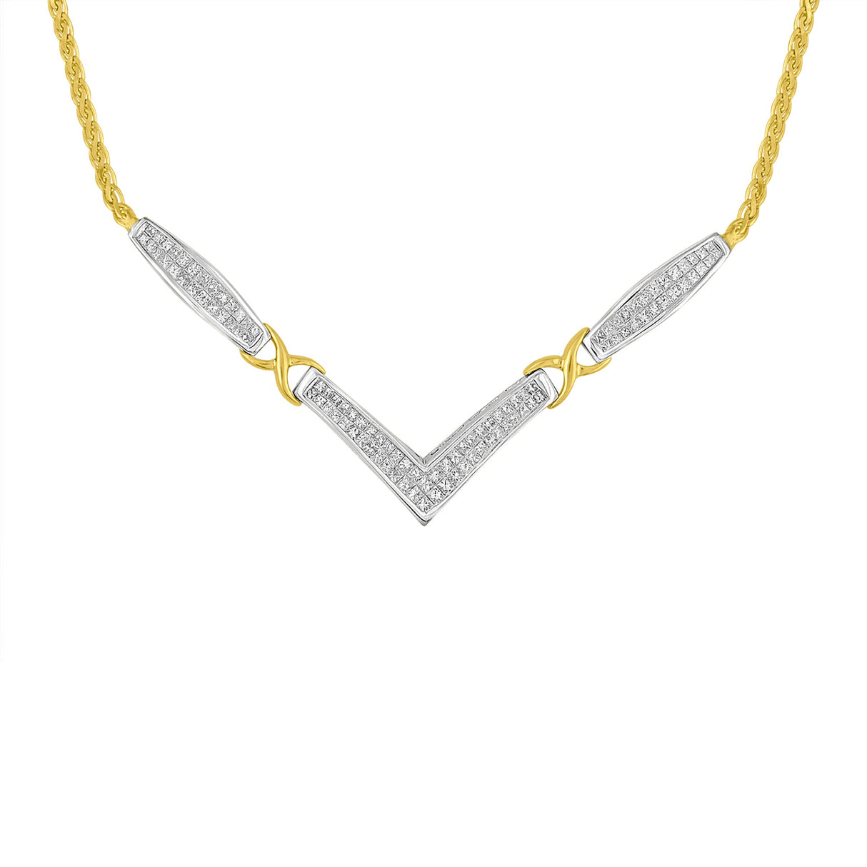 14K Yellow And White Gold 2.0 Cttw Princess Cut Diamond Flared And X-Station V Shaped 18” Franco Chain Statement Necklace (H-I Color, Si2-I1 Clarity) - Tuesday Morning-Necklaces