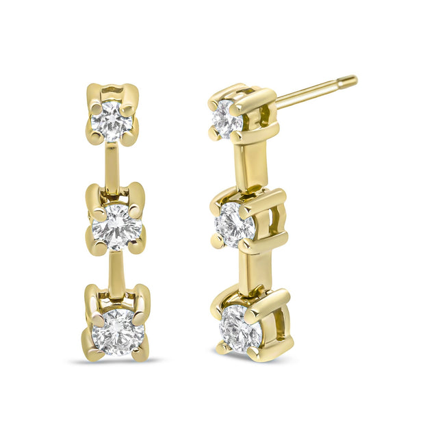 14K Yellow Gold 1/4 Cttw Round Diamond 3 Stone Graduated Linear Drop Past, Present And Future Stud Earrings (H-I Color, Si1-Si2 Clarity) - Tuesday Morning-Stud Earrings