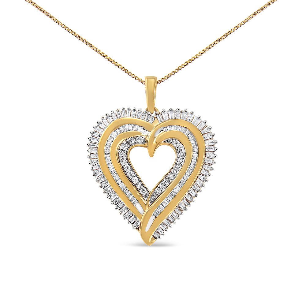 14K Yellow Gold Plated .925 Sterling Silver 1 1/2 Cttw Baguette Diamond Composite Heart 18" Inch Pendant Necklace (I-J Color, I1-12 Clarity) - Tuesday Morning-Pendant Necklaces
