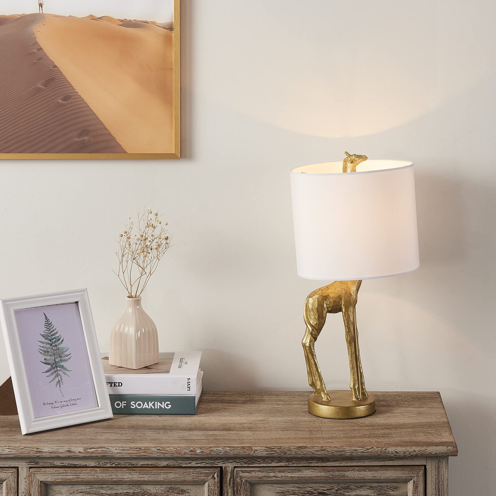 17" Gold Textured Giraffe Table Lamp With White Drum Shade - Tuesday Morning-Table Lamps