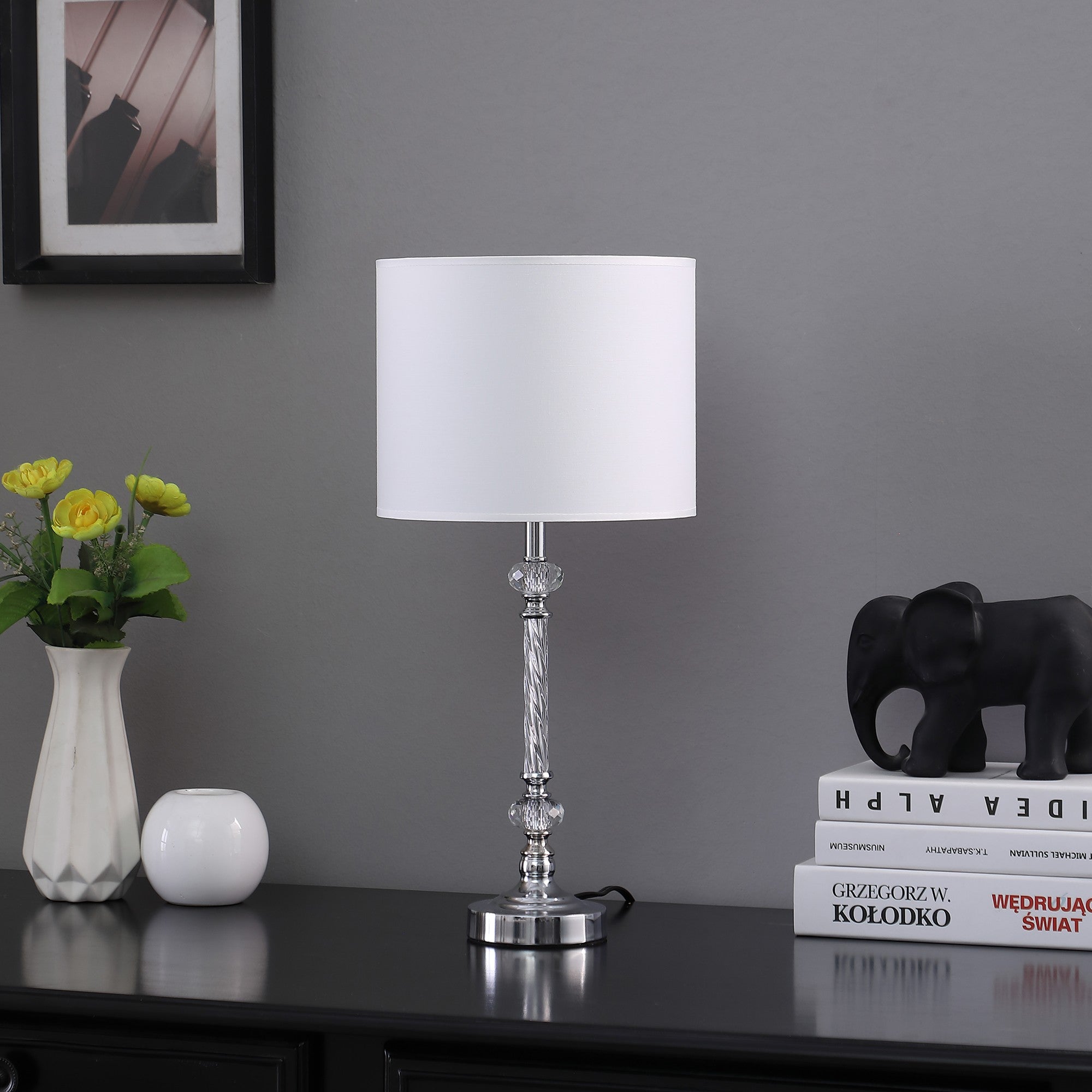 19" Silver Table Lamp With White Drum Shade - Tuesday Morning-Table Lamps