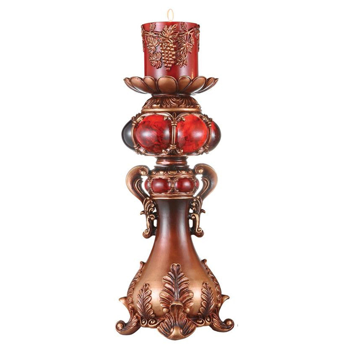 20" Brown and Red Faux Marble Tabletop Candle Holder and Candle - Tuesday Morning-Candle Holders