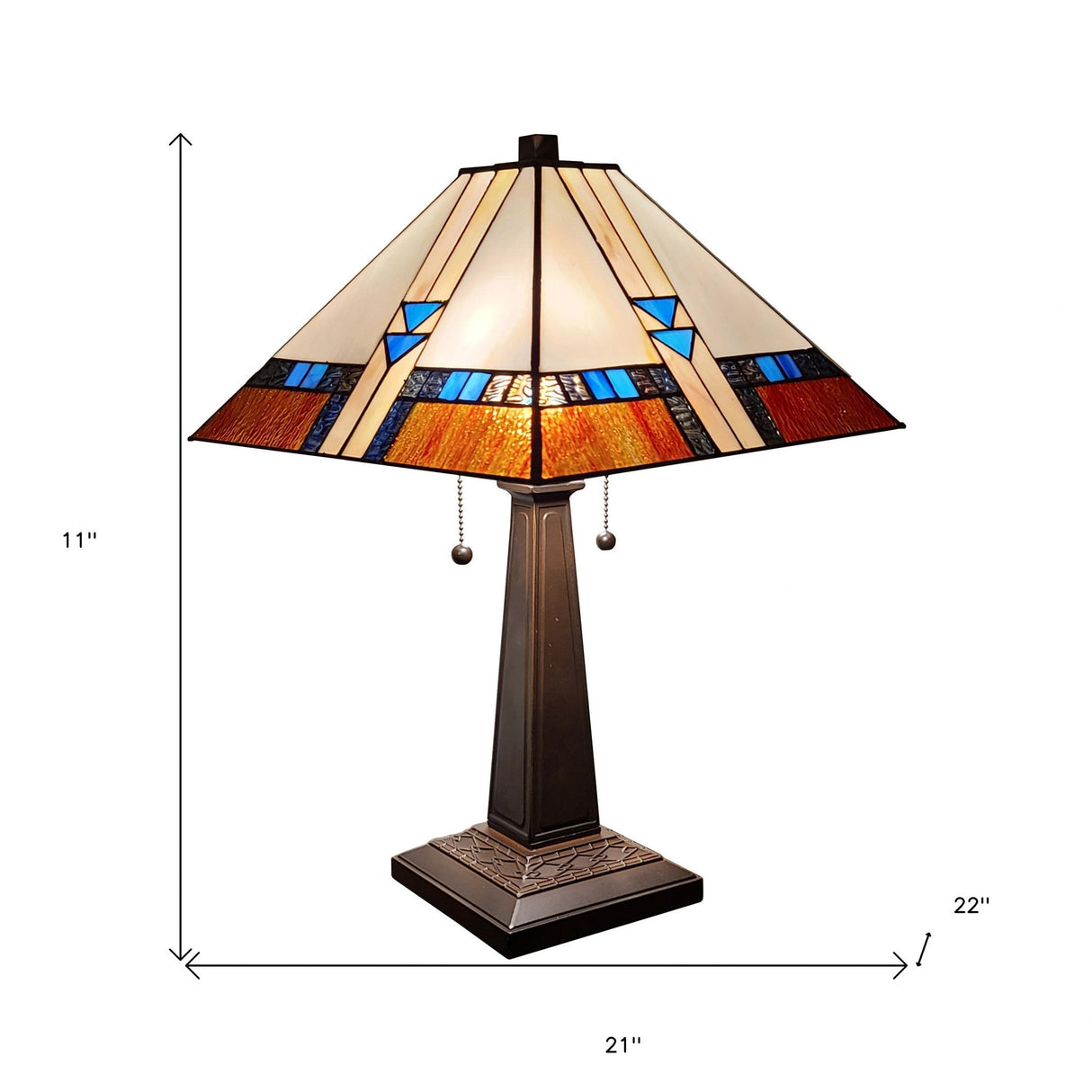 23" Cream Amber and Teal Arrow Stained Glass Two Light Mission Style Table Lamp - Tuesday Morning-Table Lamps