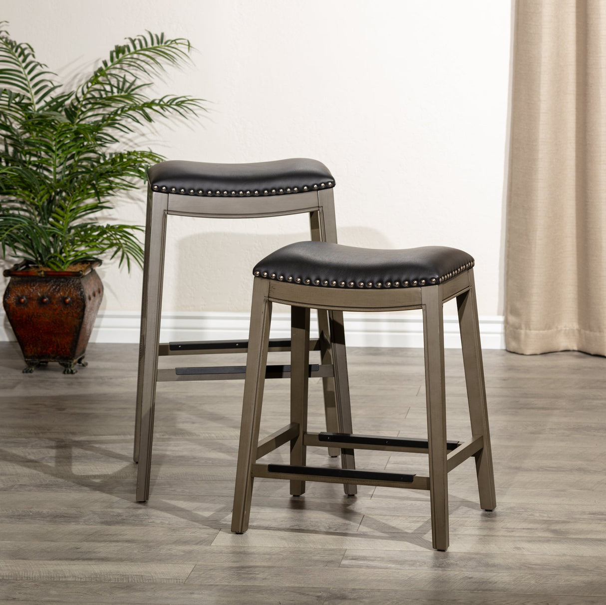 24" Counter Height Saddle Stool, Weathered Gray Finish, Black Leather Seat - Tuesday Morning-Chairs & Seating