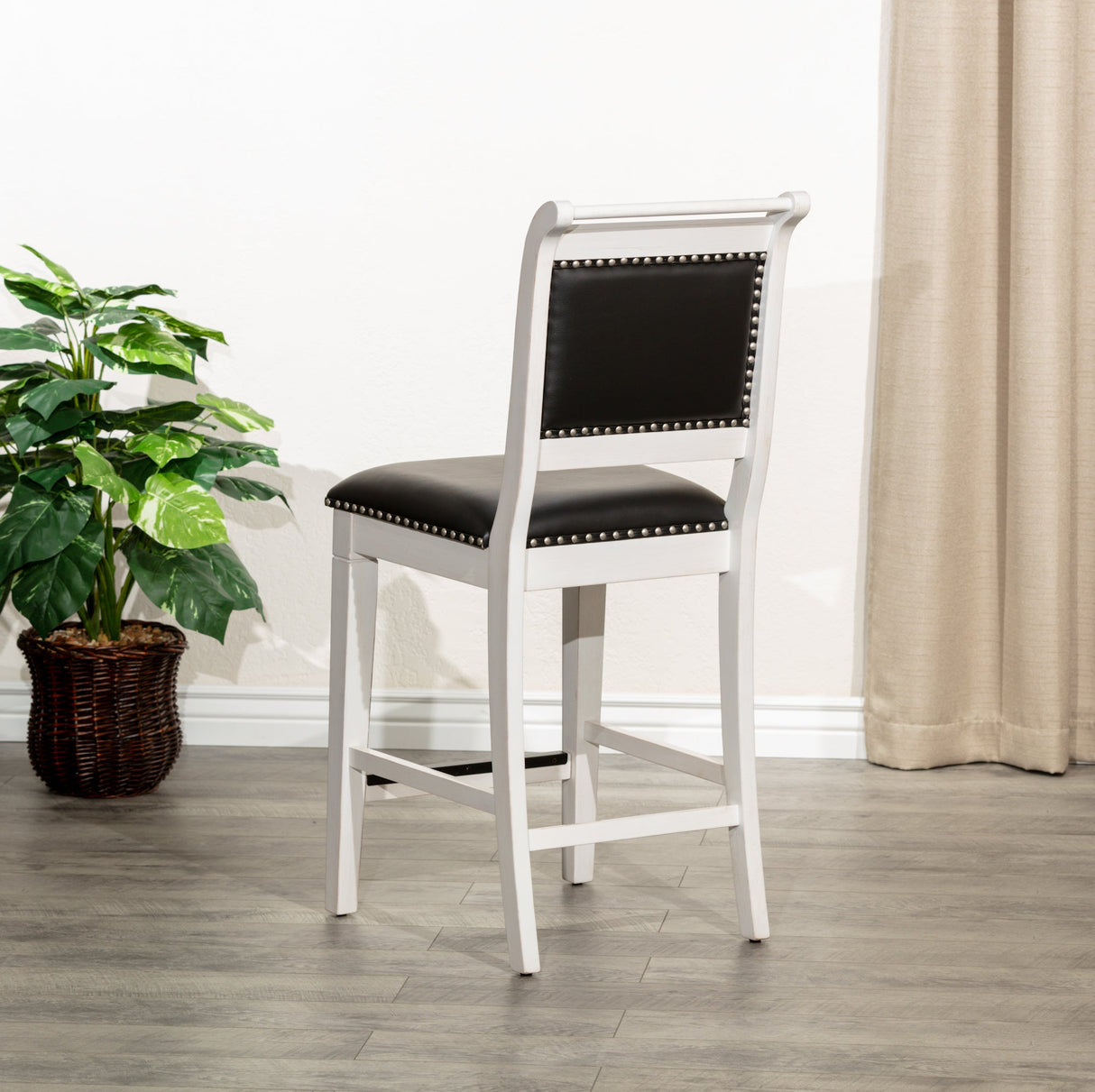 24" Counter Stool, Antique White Finish, Black Leather Seat - Tuesday Morning-Chairs & Seating