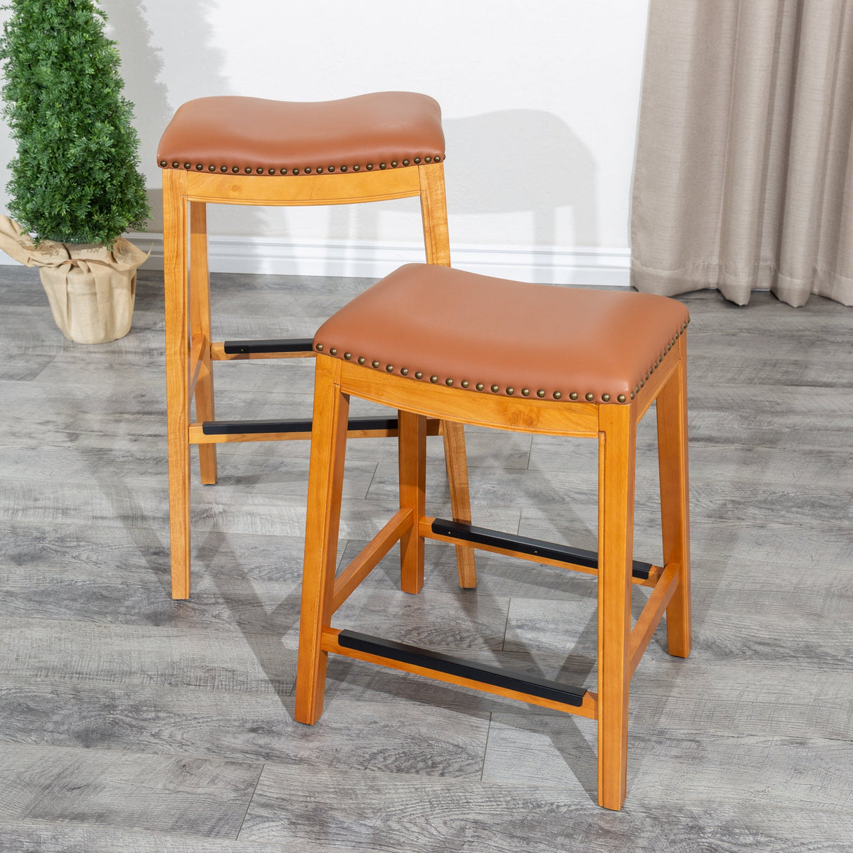 24" Counter Stool, Natural Finish, Saddle Leather Seat - Tuesday Morning-Chairs & Seating