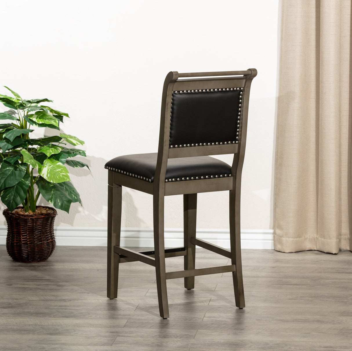 24" Stool, Weathered Gray Finish, Black Leather Seat - Tuesday Morning-Chairs & Seating