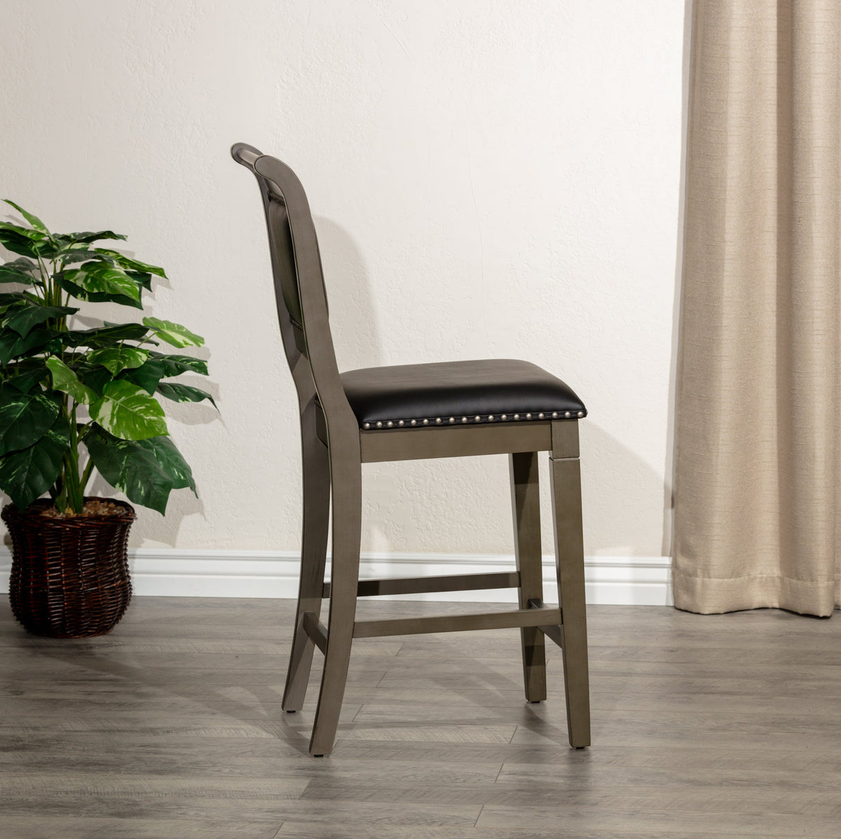 24" Stool, Weathered Gray Finish, Black Leather Seat - Tuesday Morning-Chairs & Seating