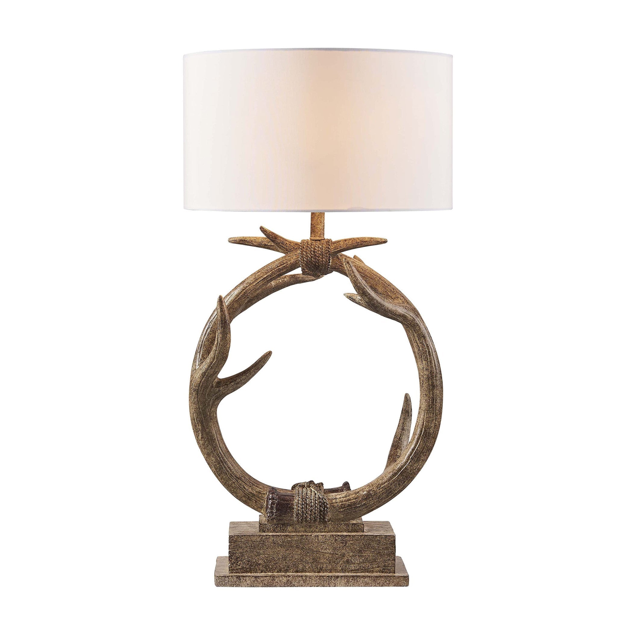27" Brown Rustic Faux Antlers Table Lamp With White Drum Shade - Tuesday Morning-Table Lamps