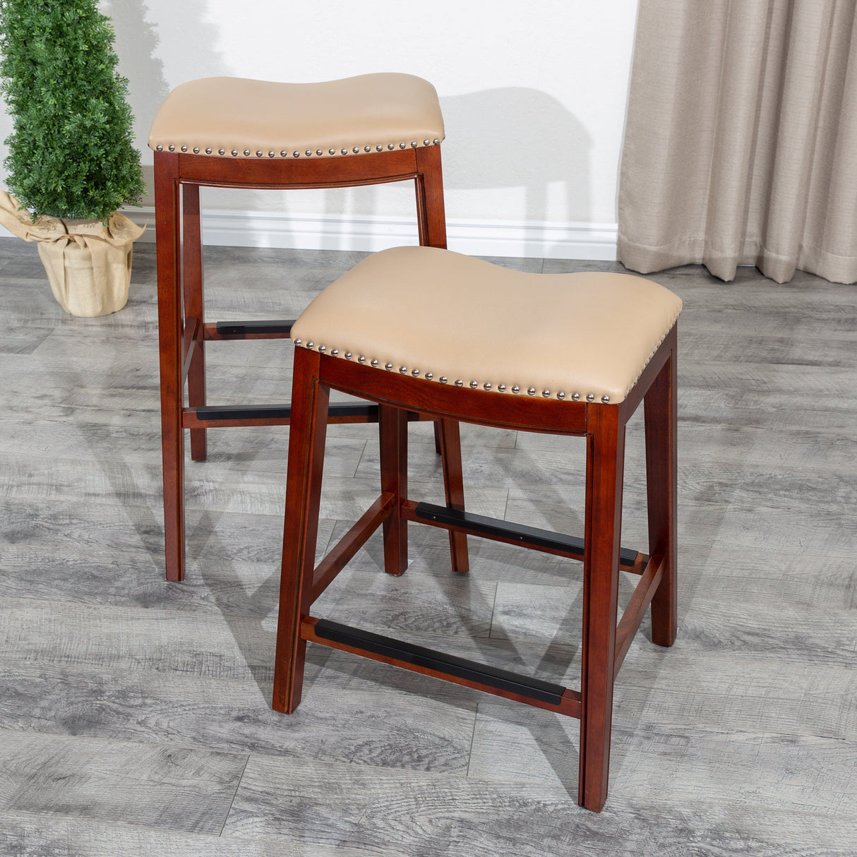 30" Bar Stool, Cherry Finish, Bone Leather Seat - Tuesday Morning-Chairs & Seating