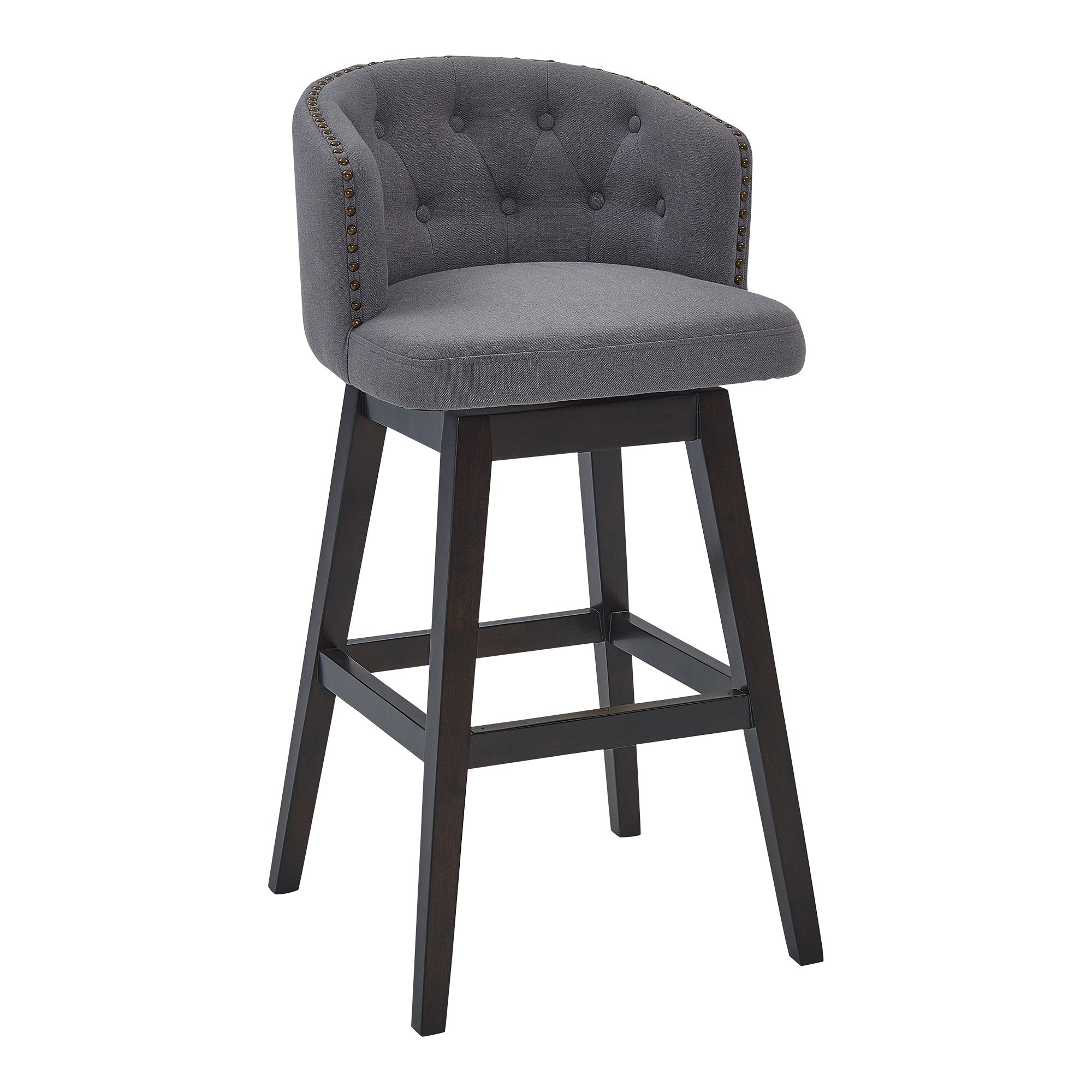 30" Gray And Espresso Solid Wood Swivel Low Back Bar Height Bar Chair - Tuesday Morning-Bar Chairs