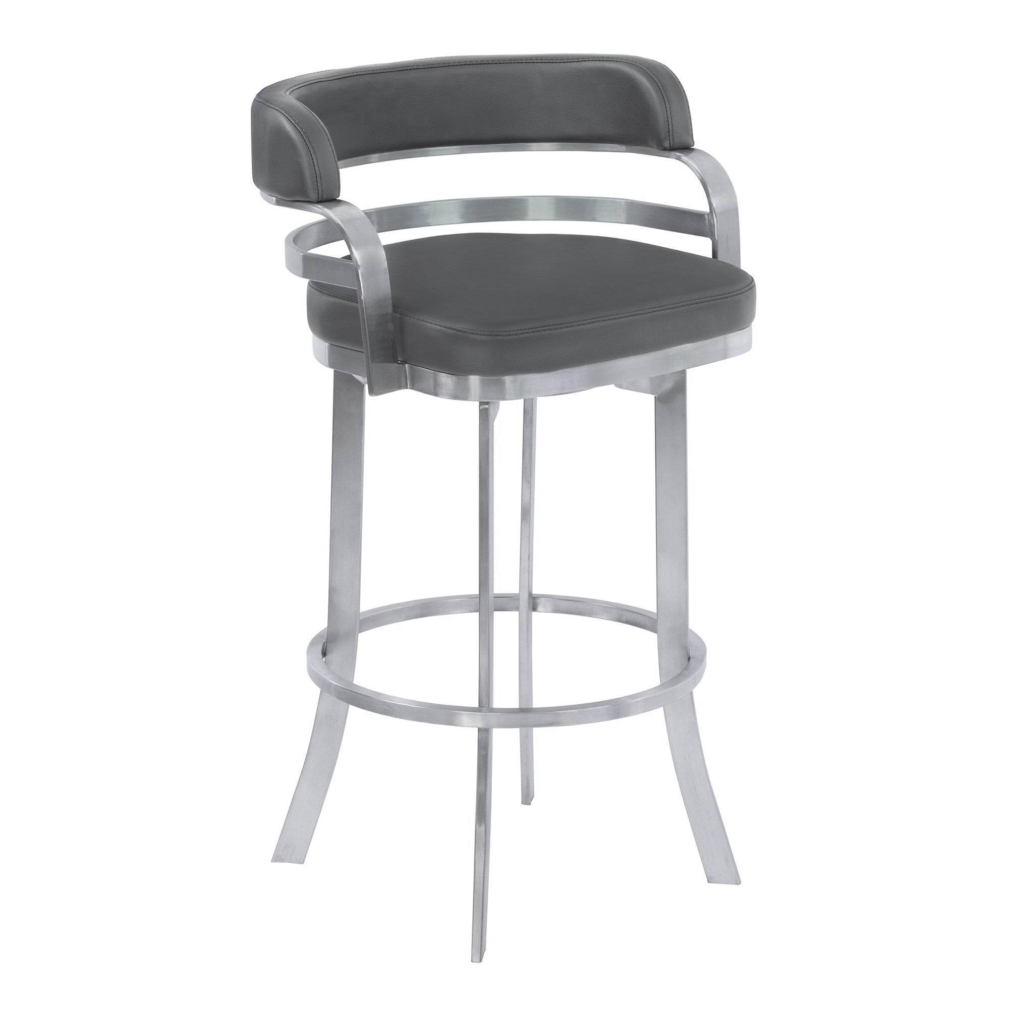 30" Gray And Silver Faux Leather And Iron Swivel Low Back Bar Height Bar Chair - Tuesday Morning-Bar Chairs
