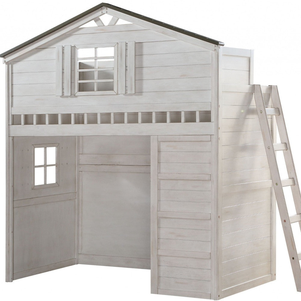 43" X 80" X 88" Weathered White Washed Gray Wood Loft Bed (Twin Size)