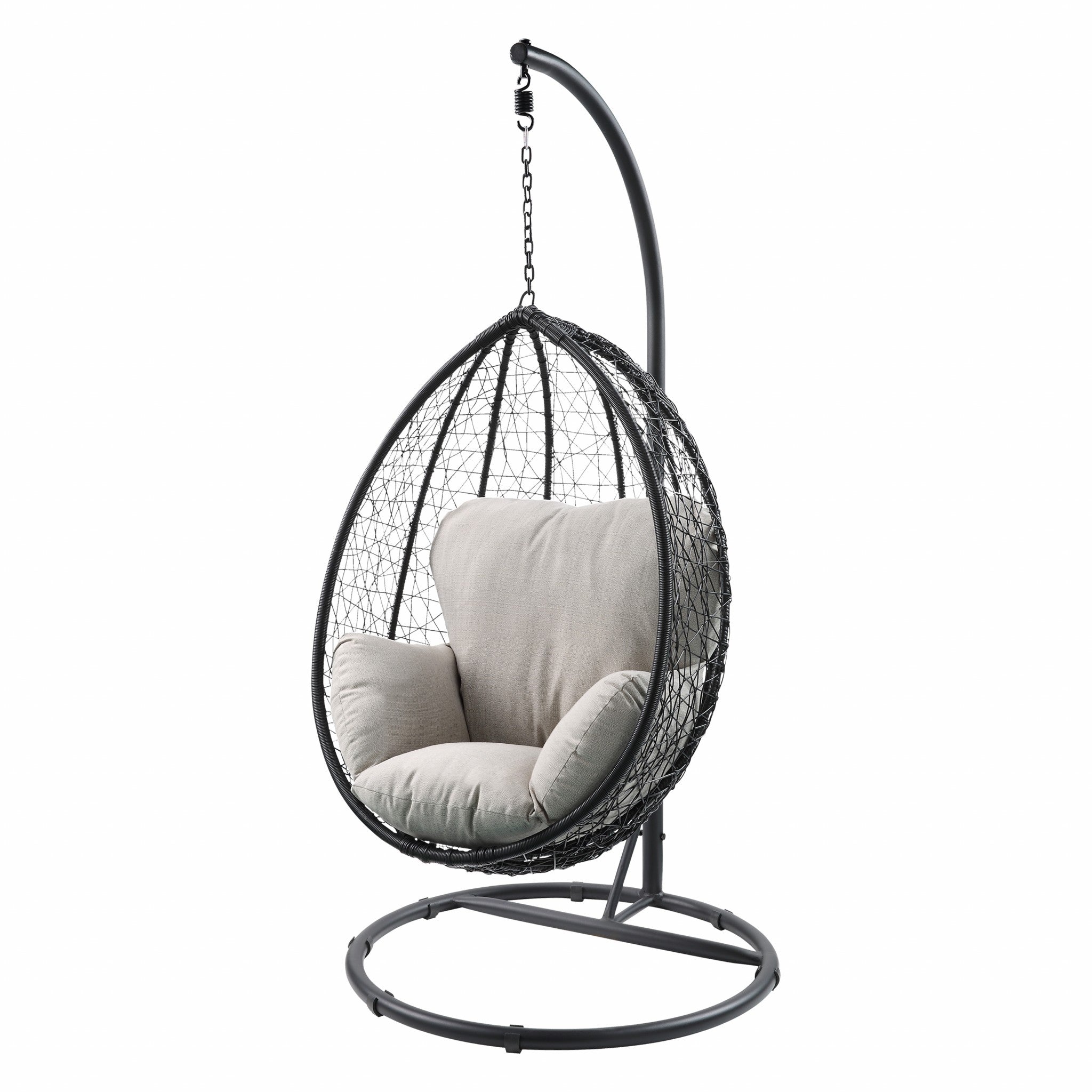 38" Black Metal Swing Chair With Beige Cushion - Tuesday Morning-Outdoor Chairs
