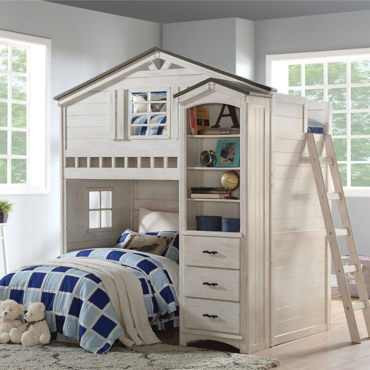 43" X 80" X 88" Weathered White Washed Gray Wood Loft Bed (Twin Size) - Tuesday Morning-Loft Beds