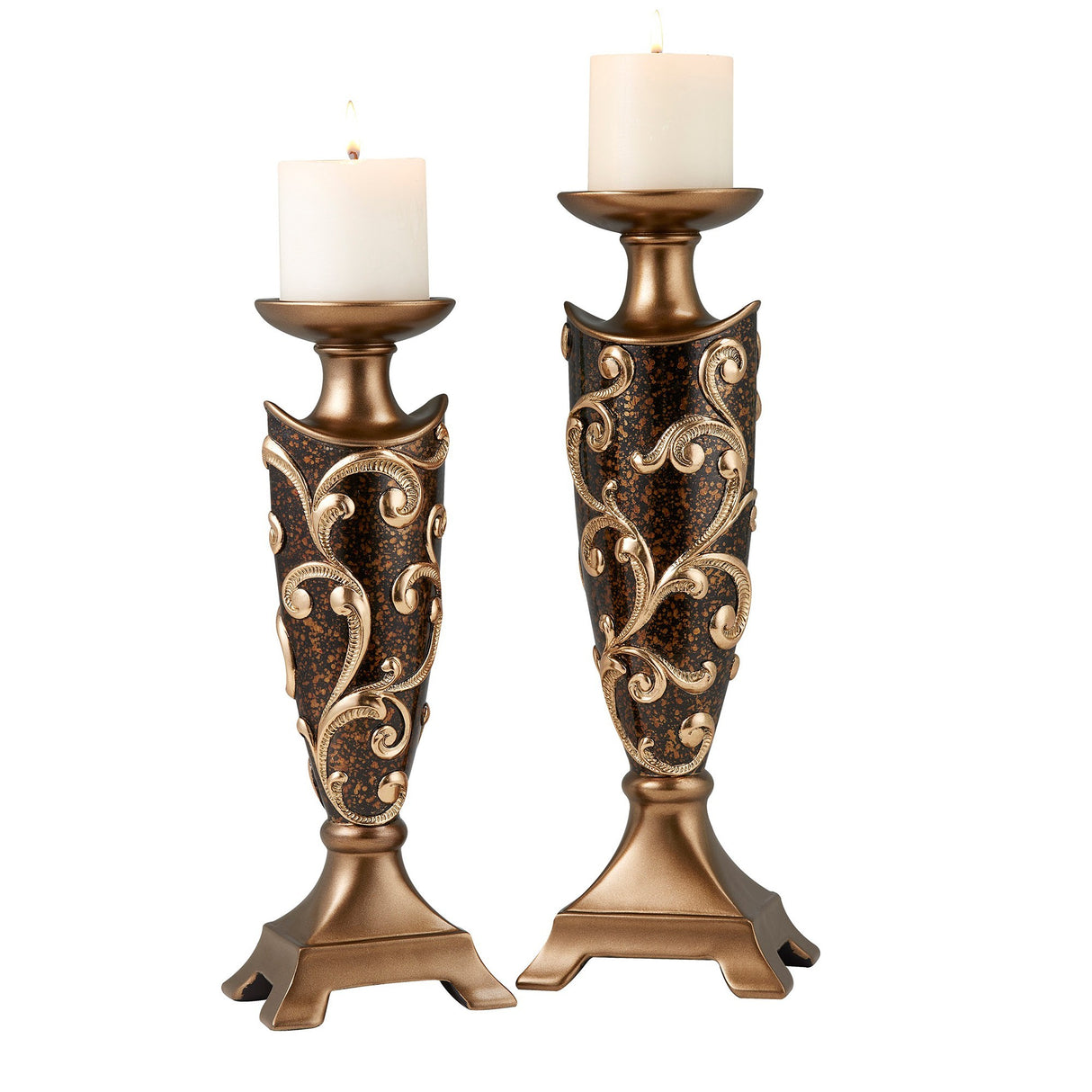 Set Of Two Brown and Gold Pillar Tabletop Pillar Candle Holders