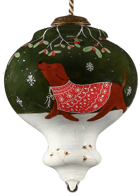 Trotting Dog in Comfy Christmas Attire Hand Painted Mouth Blown Glass Ornament