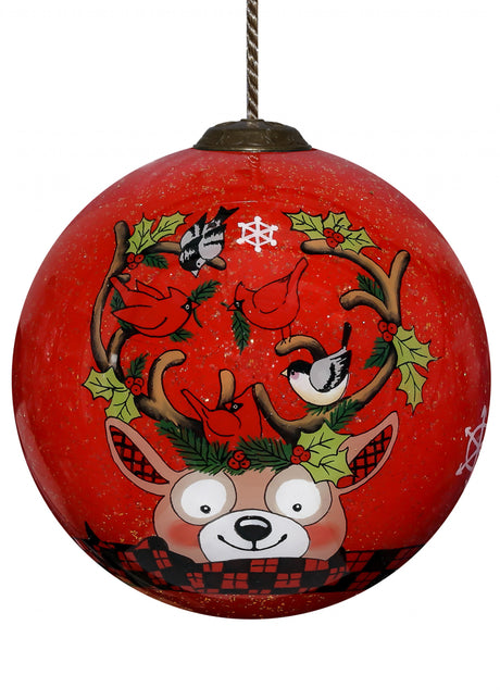 Reindeer with Plaids and Cardinals Hand Painted Mouth Blown Glass Ornament
