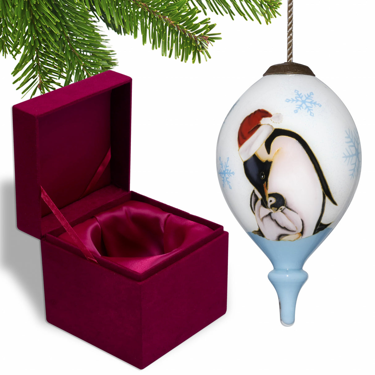 Penguin Mother and Child Hand Painted Mouth Blown Glass Ornament