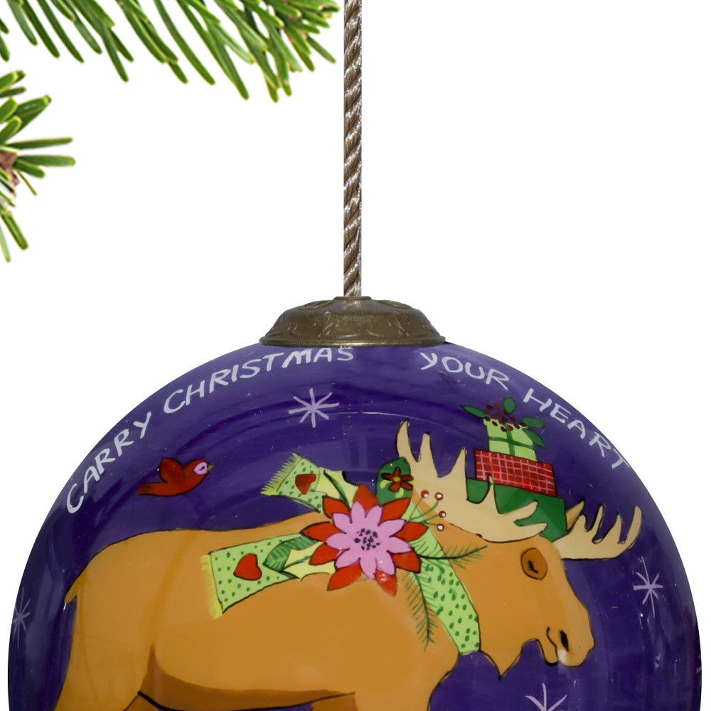 Christmas Moose Walking Hand Painted Mouth Blown Glass Ornament