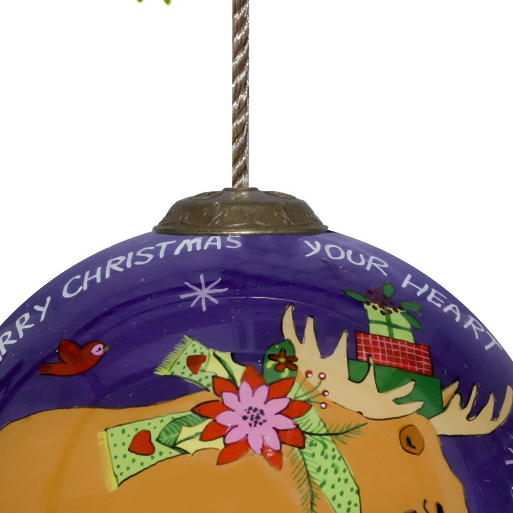 Christmas Moose Walking Hand Painted Mouth Blown Glass Ornament