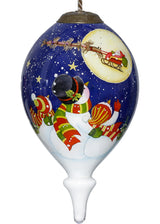 Snowmen Family Watching Santa on a Sleigh Hand Painted Mouth Blown Glass Ornament