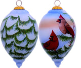 Perched Winter Cardinal Hand Painted Mouth Blown Glass Ornament