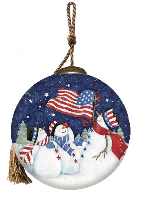 Three Snowman and an American Flag Hand Painted Mouth Blown Glass Ornament