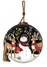 Snowman and Reindeer in Holiday Lights Hand Painted Mouth Blown Glass Ornament