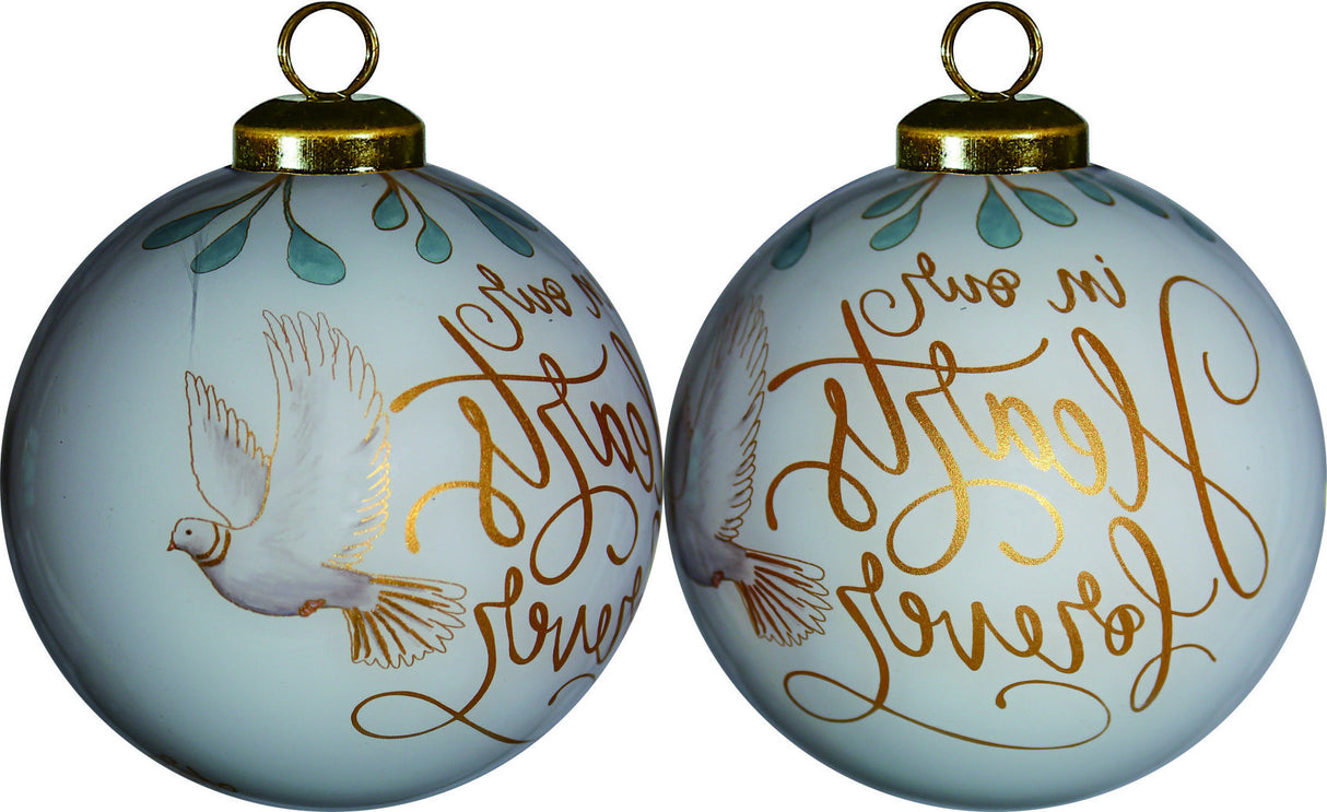 White and Gold In Our Hearts Forever Hand Painted Mouth Blown Glass Ornament