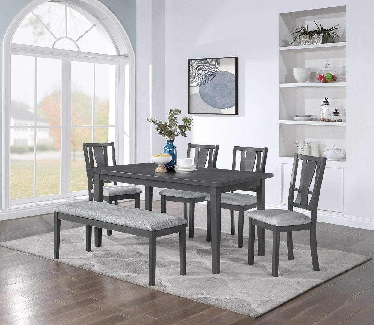 6-piece Outdoor Dining Set with Bench, Gray - Tuesday Morning-Dining Sets