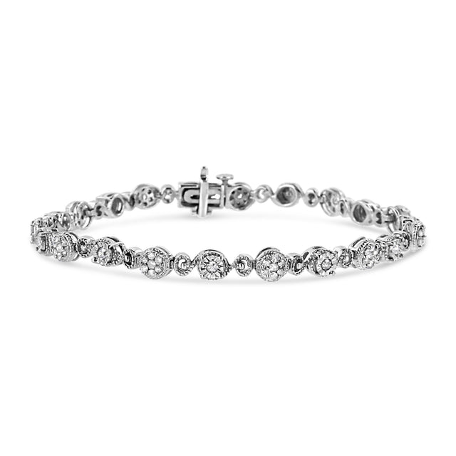 .925 Sterling Silver 1.0 Cttw Diamond Swirl Beaded Link Bracelet (I-J Color, I3-Promo Clarity) - 7.25" Inches - Tuesday Morning-Bracelets