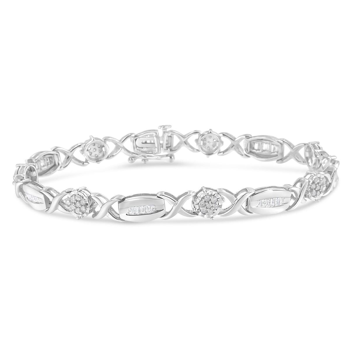 .925 Sterling Silver 1.0 Cttw Round-Cut And Baguette-Cut Diamond X-Link Bracelet (I-J Color, I1-I2 Clarity) - 7" - Tuesday Morning-Bracelets