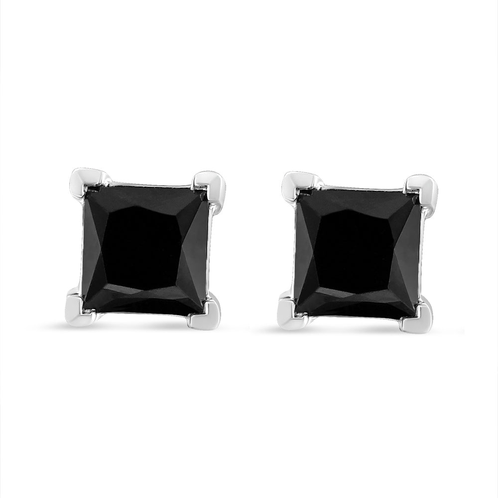 .925 Sterling Silver 1/2 Cttw Princess Cut Treated Black Diamond Screw-Back 4-Prong Classic Stud Earrings (Color-Enhanced, I2-I3 Clarity) - Tuesday Morning-Stud Earrings