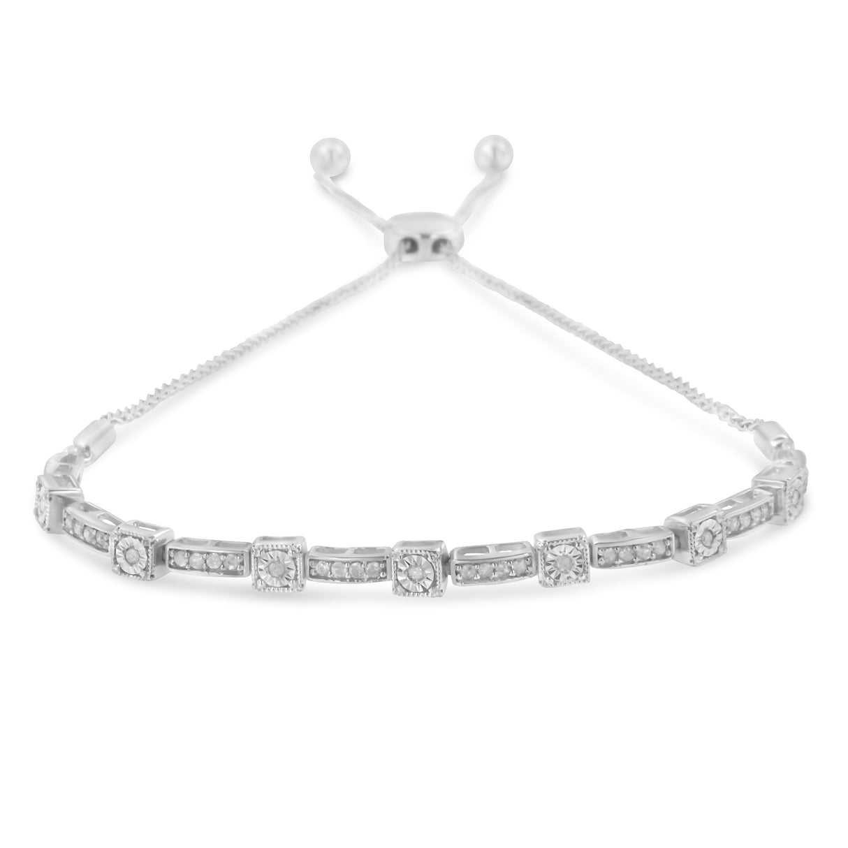 .925 Sterling Silver 1/4 Cttw Diamond 4”-10” Adjustable Bolo Alternating Square And Rectangle Bolo Bracelet (I-J Color, I3 Clarity) - Tuesday Morning-Bracelets