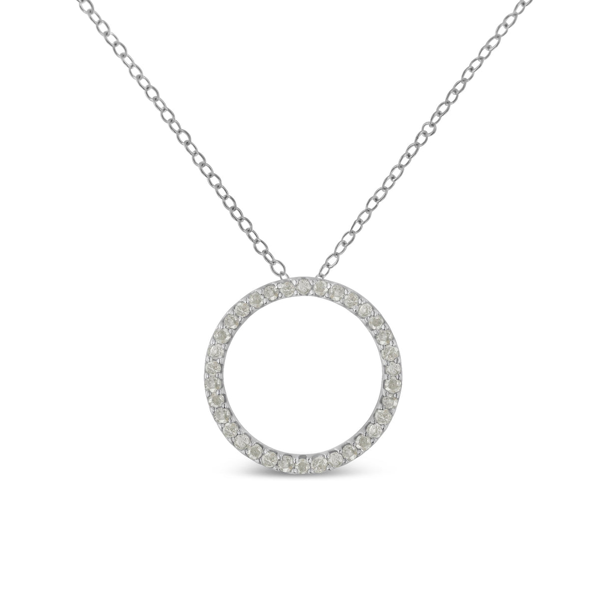 .925 Sterling Silver 3/4 Cttw Round-Cut Diamond Open Circle Halo 18" Pendant Necklace (I-J Color, I3 Clarity) - Tuesday Morning-Pendant Necklace