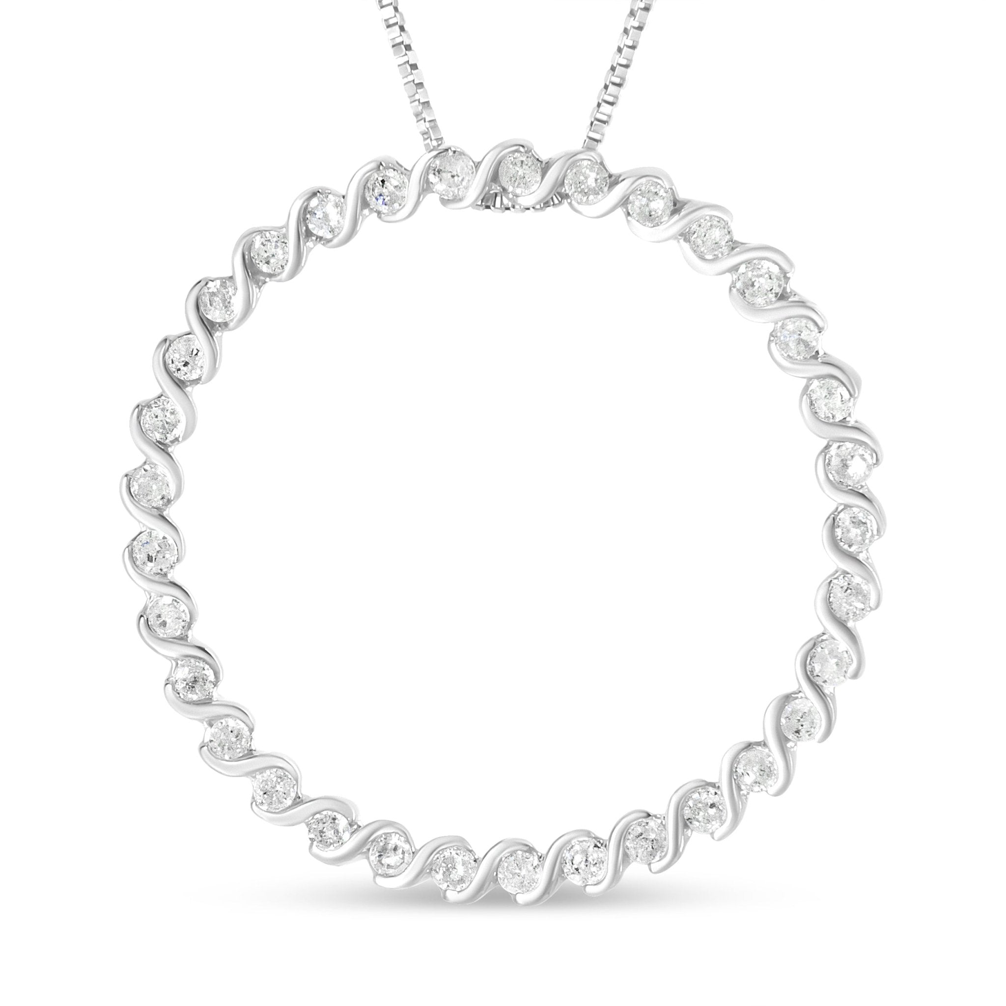 .925 Sterling Silver 3/4 Cttw Round Diamond Spiral Curved Circle Pendant 18" Necklace (I-J Color, I3 Clarity) - Tuesday Morning-Pendant Necklace