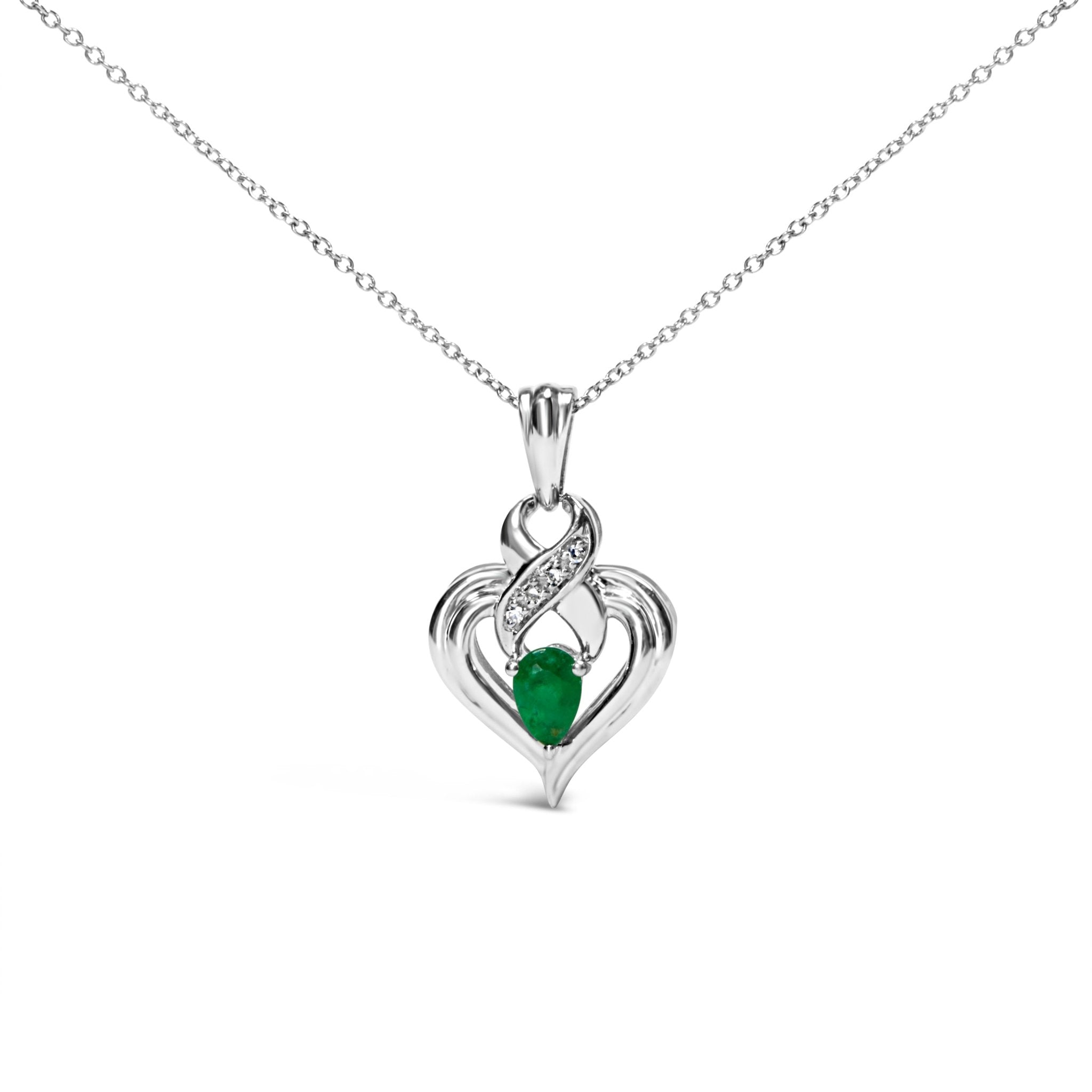 .925-Sterling-Silver-6x4mm-Pear-Emerald-and-Diamond-Accent-Heart-Pendant-Necklace-(H-I-Color,-SI1-SI2-Clarity)-18-Inches-Pendants-&-Charms