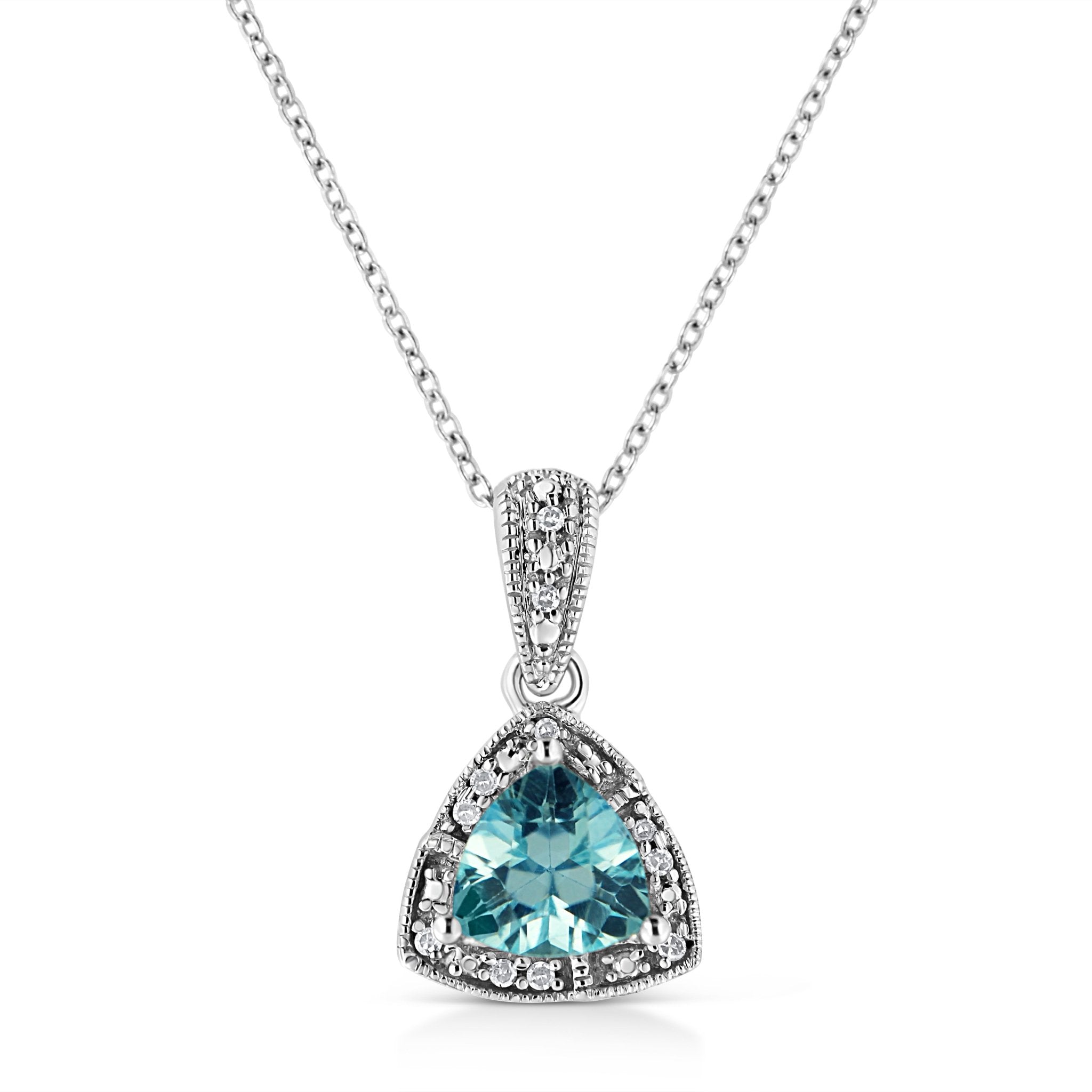 .925 Sterling Silver 7X7 Mm Trillion Cut Blue Topaz Gemstone And Diamond Accent 18" Pendant Necklace (I-J Color, I1-I2 Clarity) - Tuesday Morning-Pendant Necklace