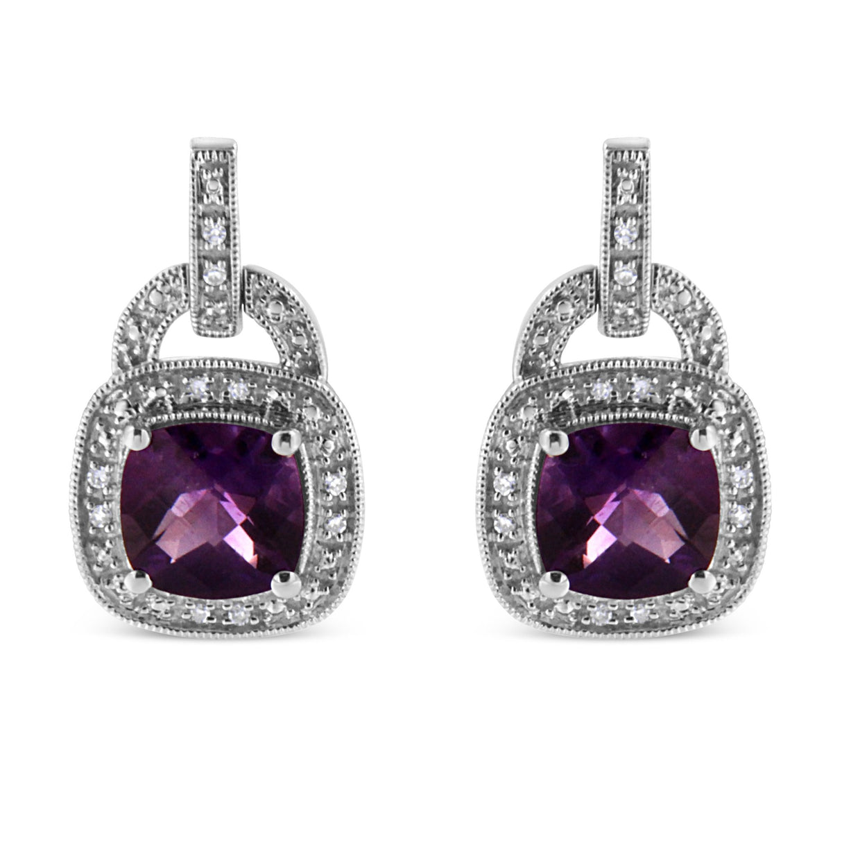 .925 Sterling Silver 8Mm Natural Cushion Shaped Amethyst And Diamond Accent Halo With Push Back Dangle Earrings (I-J Color, I2-I3 Clarity) - Tuesday Morning-Earrings