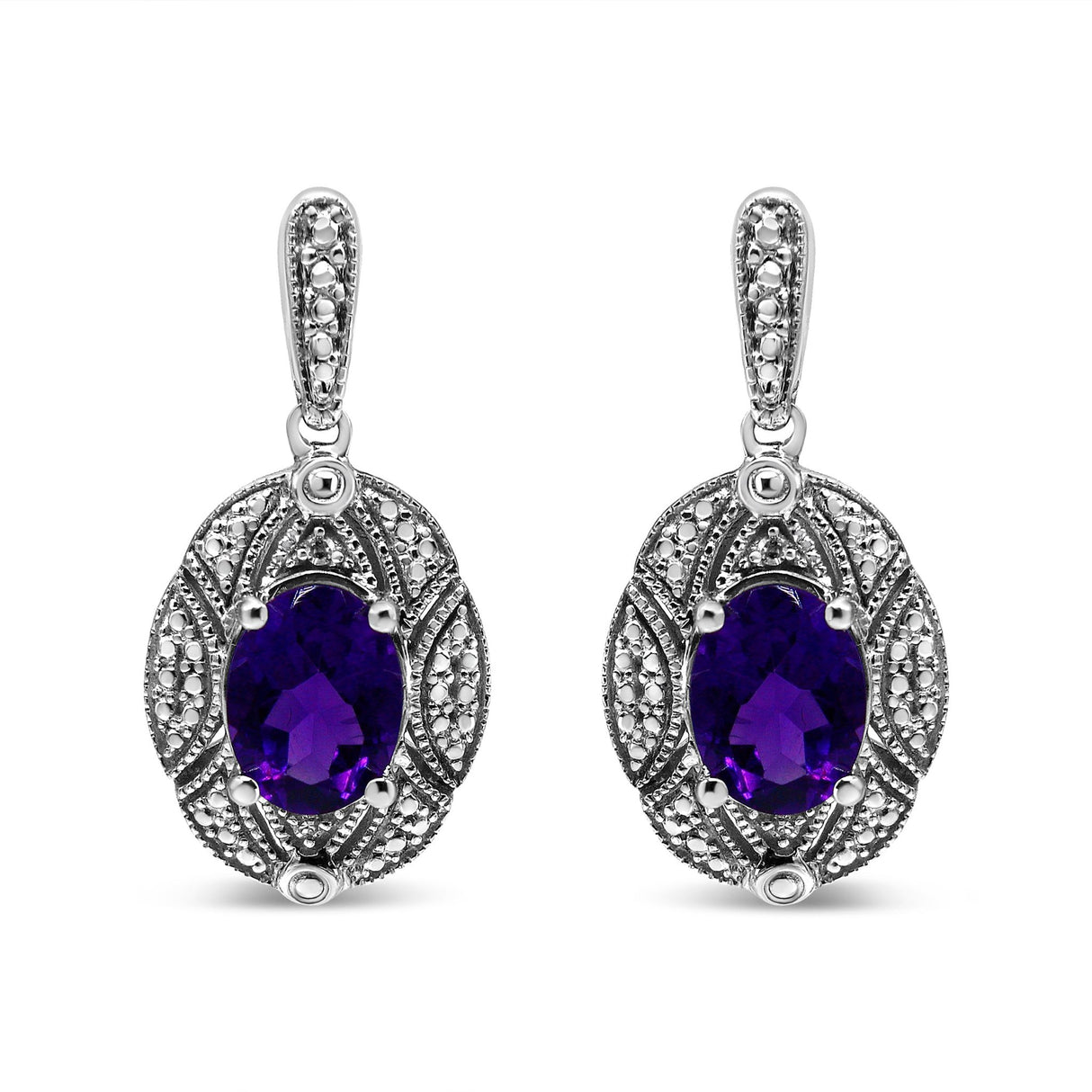 .925 Sterling Silver Diamond Accent And 8X6mm Purple Oval Amethyst Stud Earrings (I-J Color, I1-I2 Clarity) - Tuesday Morning-Stud Earrings