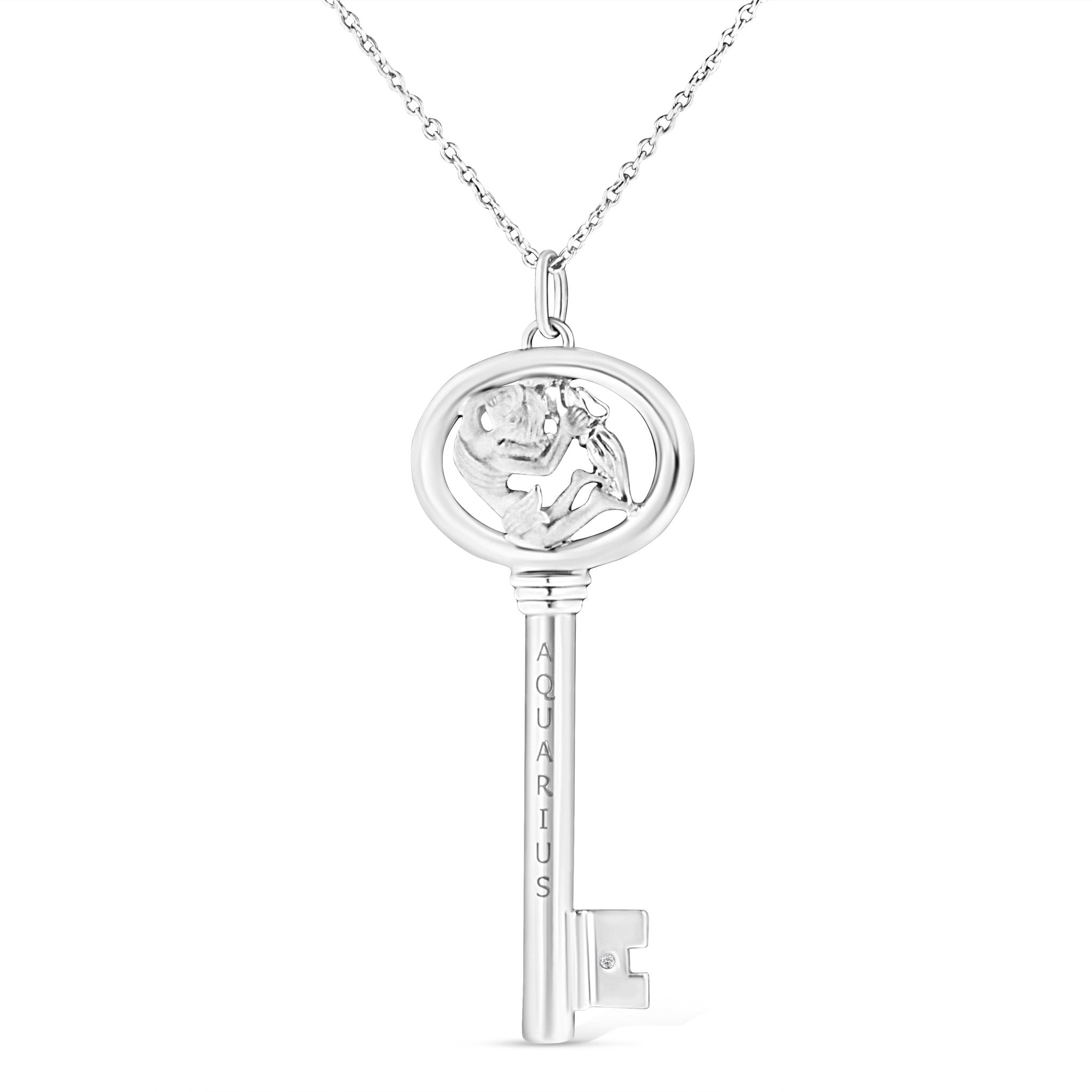 .925 Sterling Silver Diamond Accent Aquarius Zodiac Key 18" Pendant Necklace (K-L Color, I1-I2 Clarity) - Tuesday Morning-Pendant Necklace