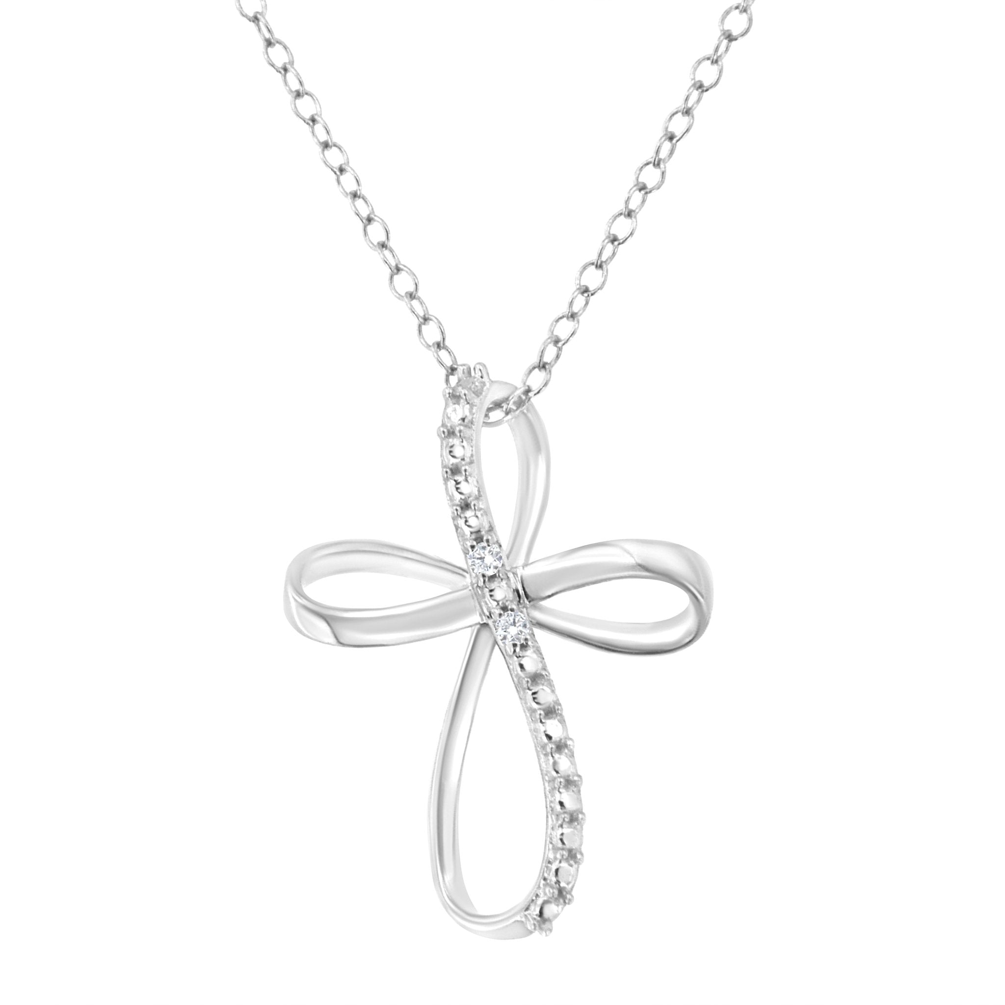 .925 Sterling Silver Diamond Accent Cross Ribbon 18" Pendant Necklace (I-J Color, I2-I3 Clarity) - Tuesday Morning-Pendant Necklace