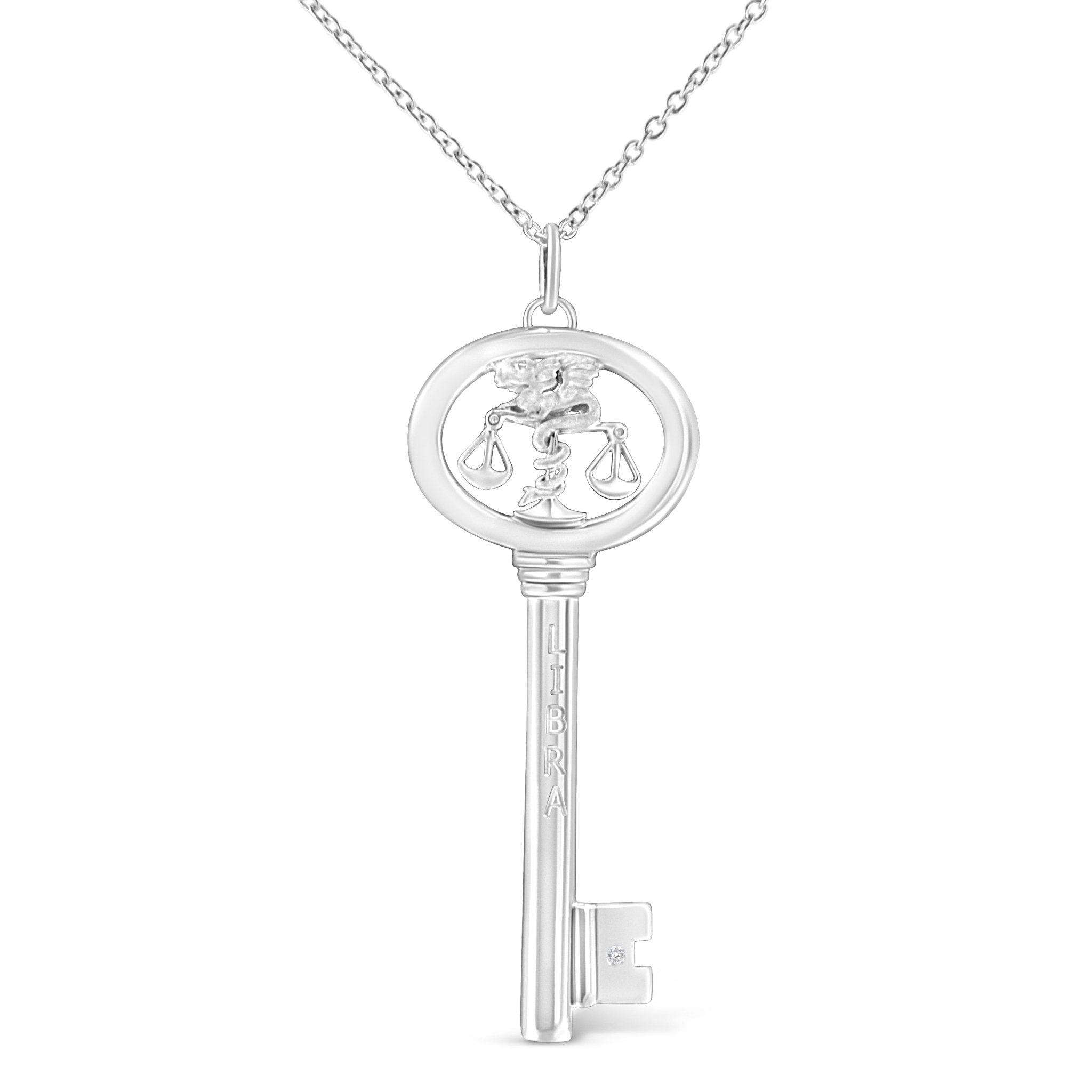 .925 Sterling Silver Diamond Accent Libra Zodiac Key 18" Pendant Necklace (K-L Color, I1-I2 Clarity) - Tuesday Morning-Pendant Necklace