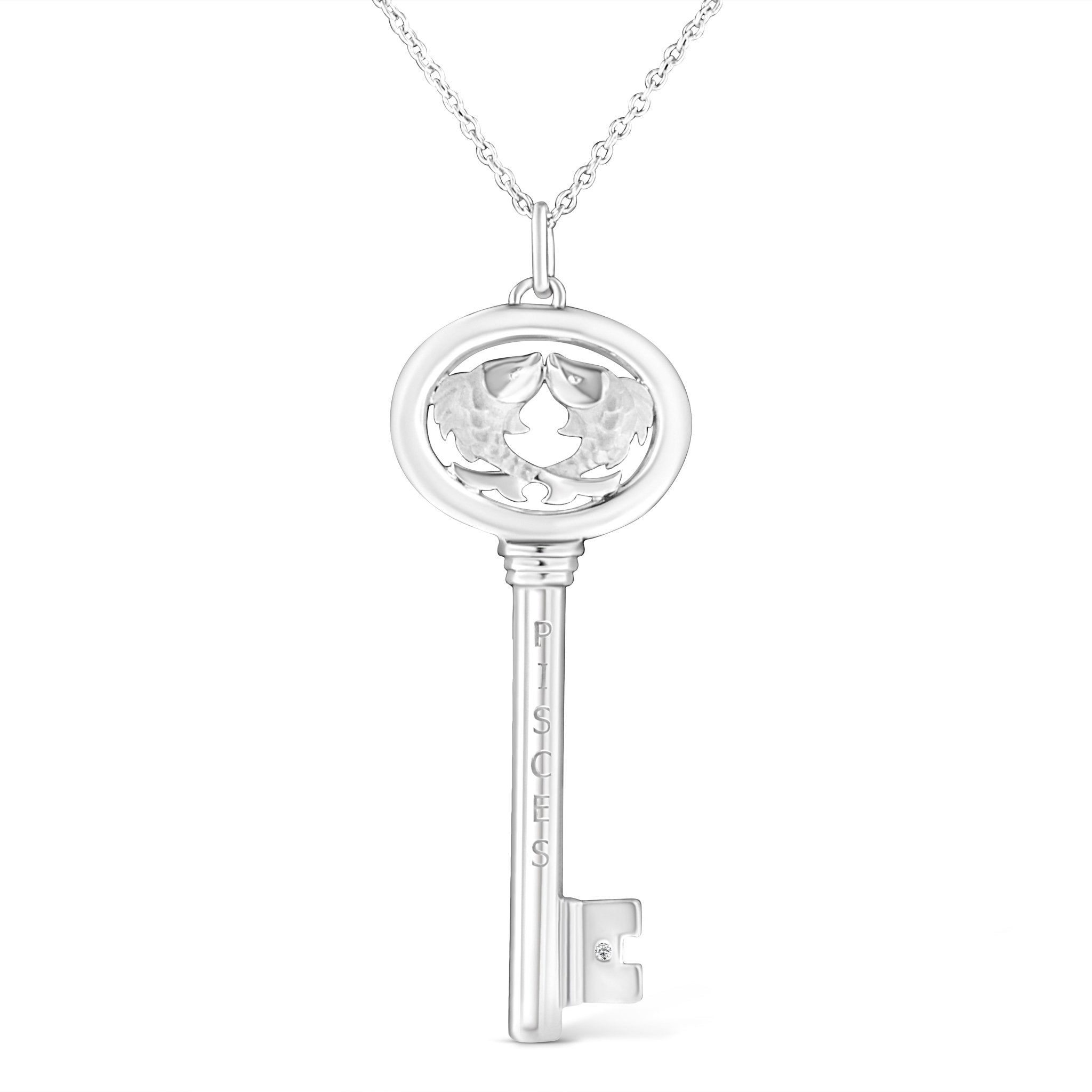 .925 Sterling Silver Diamond Accent Pisces Zodiac Key 18" Pendant Necklace (K-L Color, I1-I2 Clarity) - Tuesday Morning-Pendant Necklace
