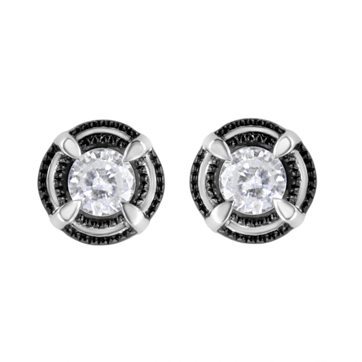 Black Rhodium Plated .925 Sterling Silver Round 1/2 Cttw Diamond Double Halo 4-Prong Solitaire Milgrain Stud Earrings (H-I Color, I2-I3 Clarity) - Tuesday Morning-Stud Earrings