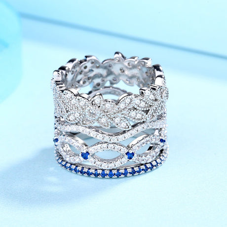 Blue and White Sapphire Ring Set in Sterling Silver (Stackable) - Tuesday Morning-Stackable Rings